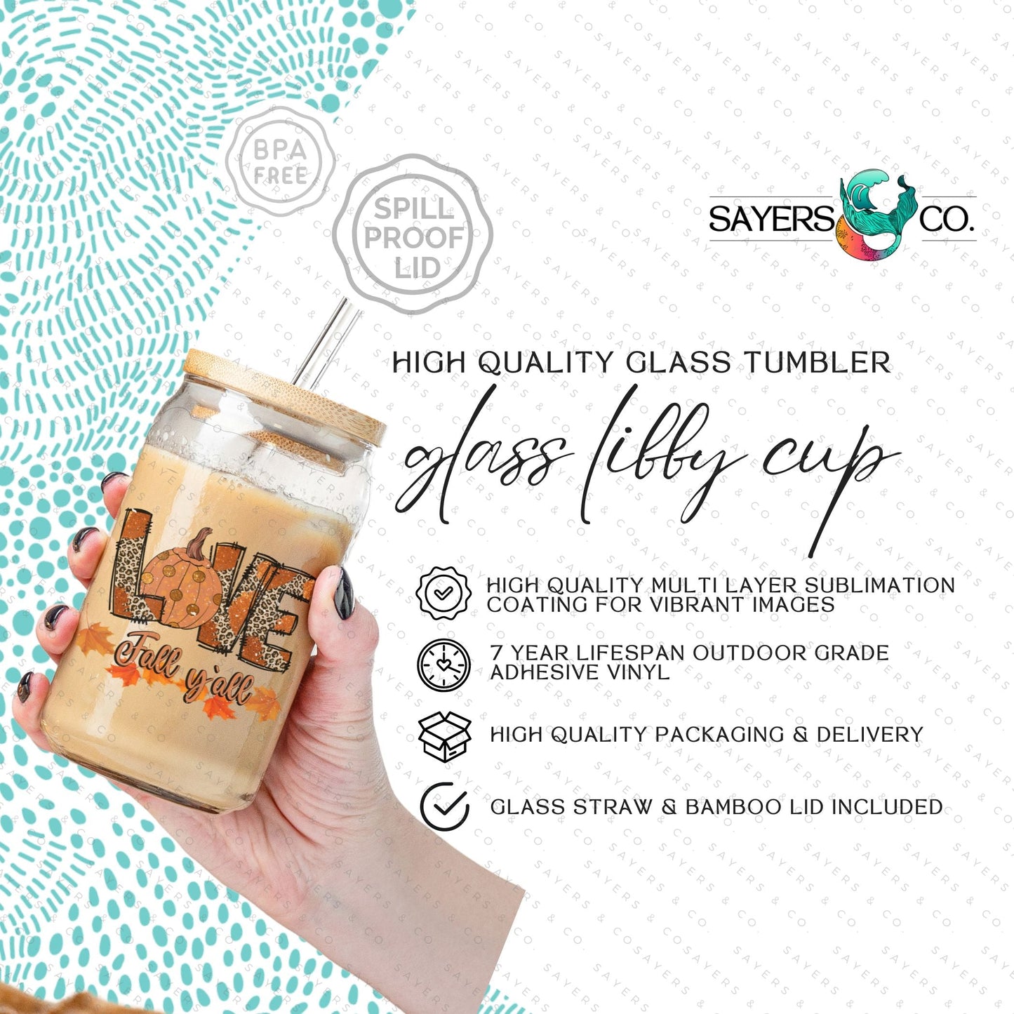 16oz "Love Fall Y’all" Glass Tumbler with Bamboo Lid and Straw