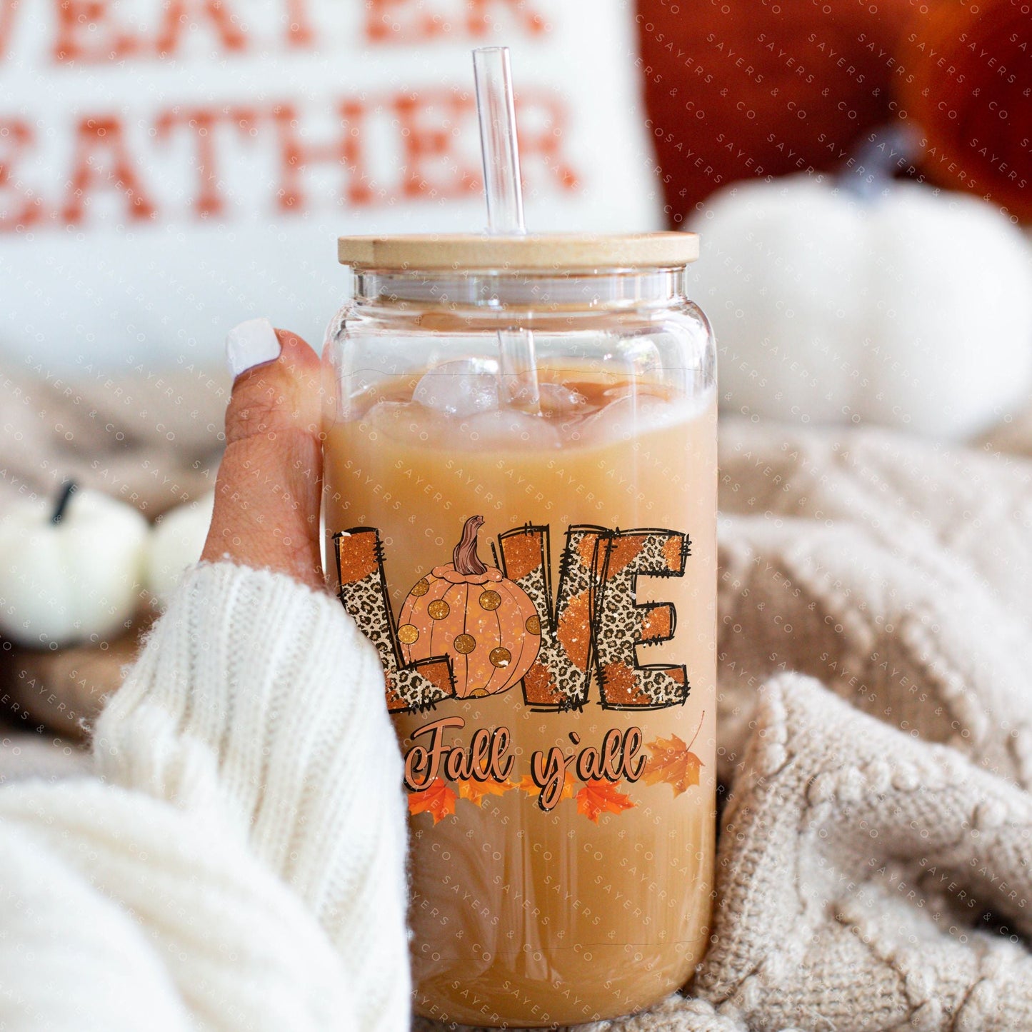 16oz "Love Fall Y’all" Glass Tumbler with Bamboo Lid and Straw