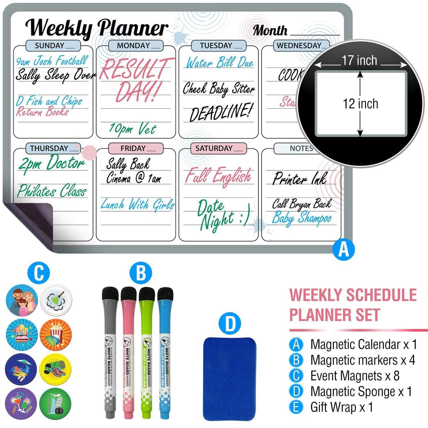 12x17 Inch Monthly Magnetic Calendar for Fridge with 3 Markers and Eraser