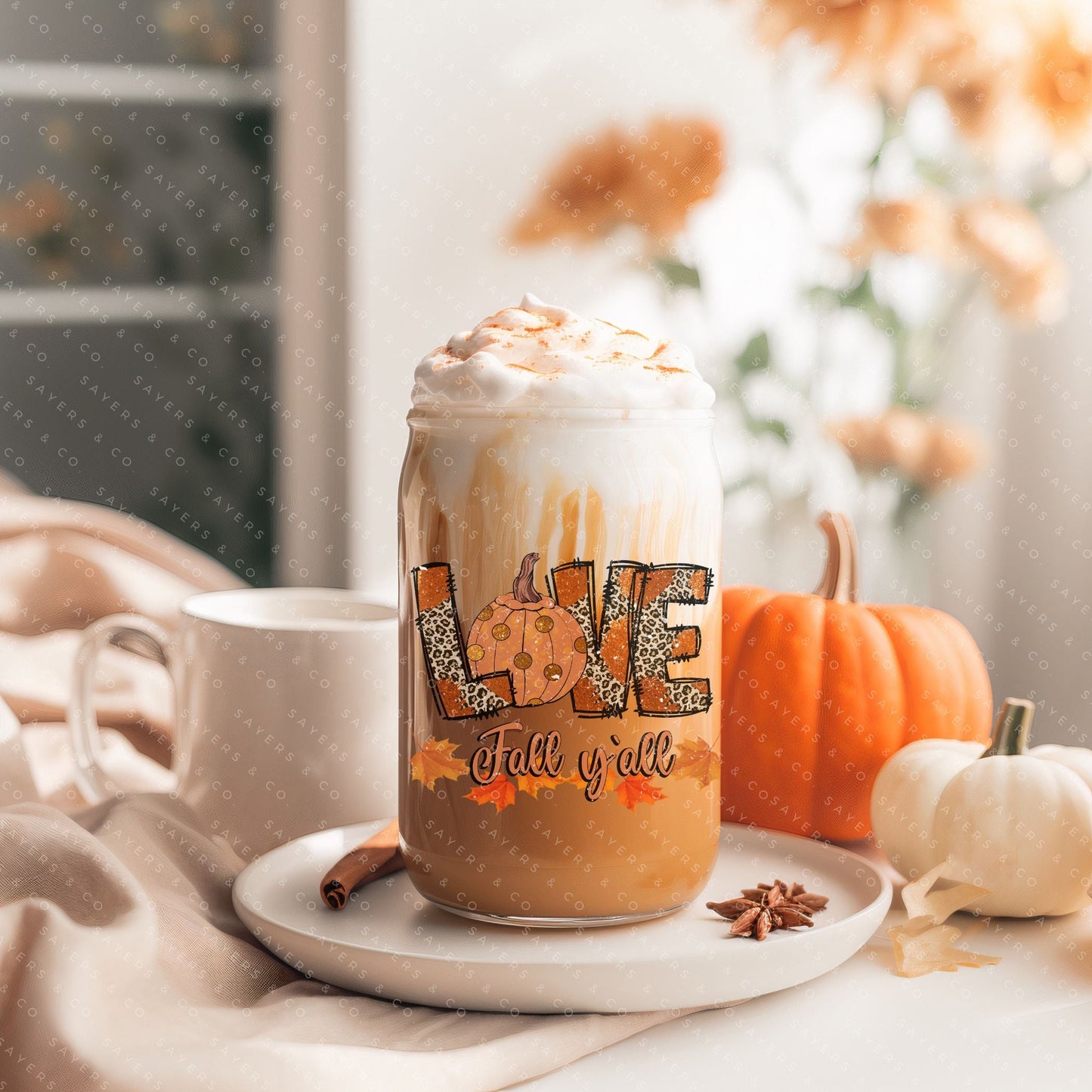 16oz "Love Fall Y’all" Glass Tumbler with Bamboo Lid and Straw