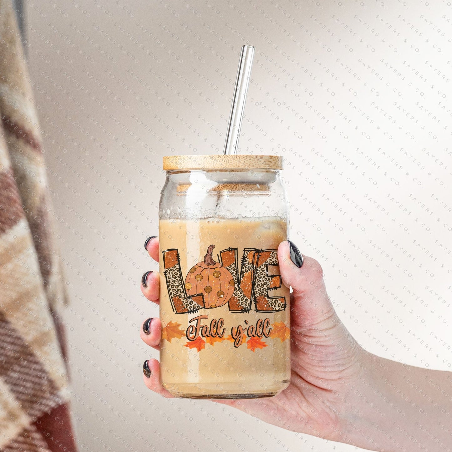 16oz "Love Fall Y’all" Glass Tumbler with Bamboo Lid and Straw