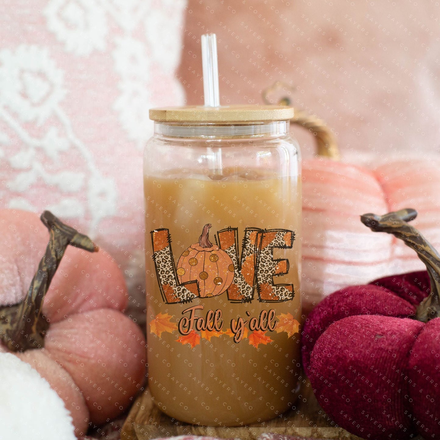 16oz "Love Fall Y’all" Glass Tumbler with Bamboo Lid and Straw