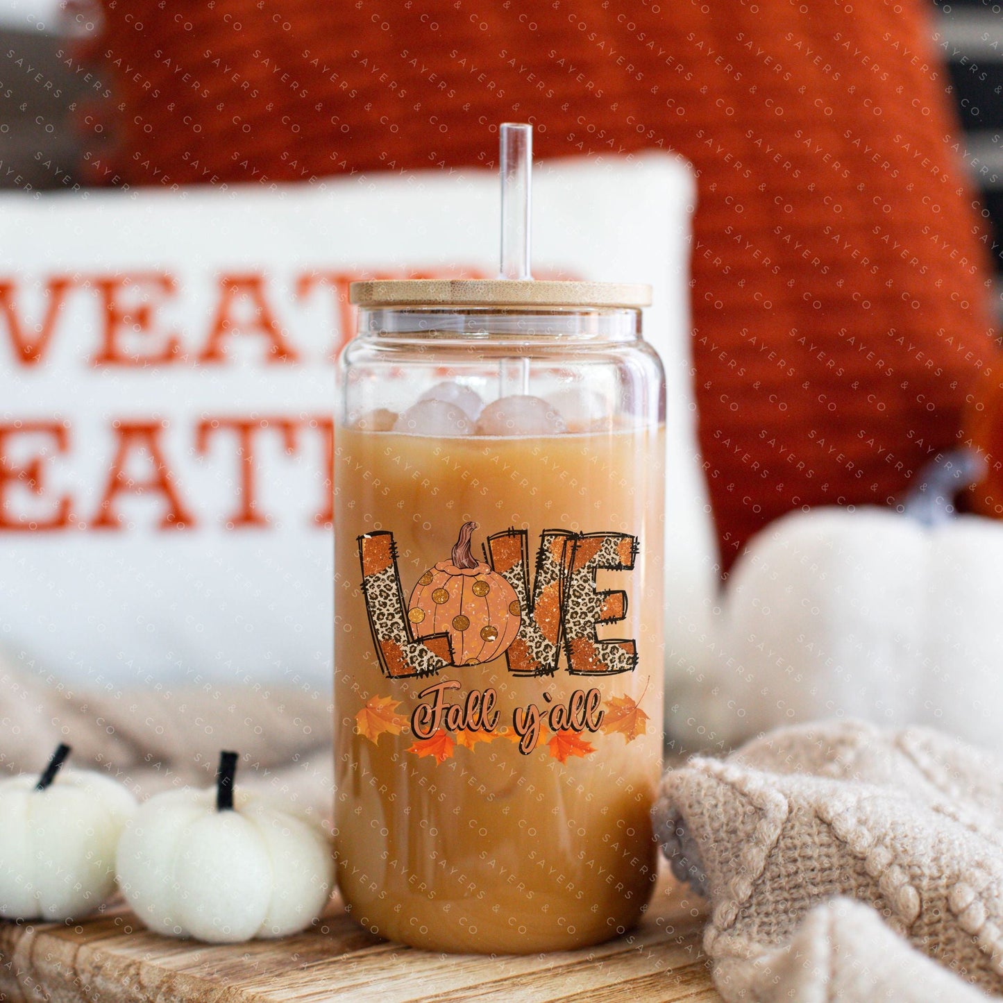 16oz "Love Fall Y’all" Glass Tumbler with Bamboo Lid and Straw