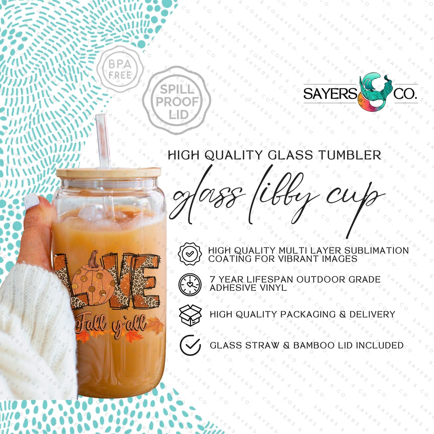 16oz "Love Fall Y’all" Glass Tumbler with Bamboo Lid and Straw