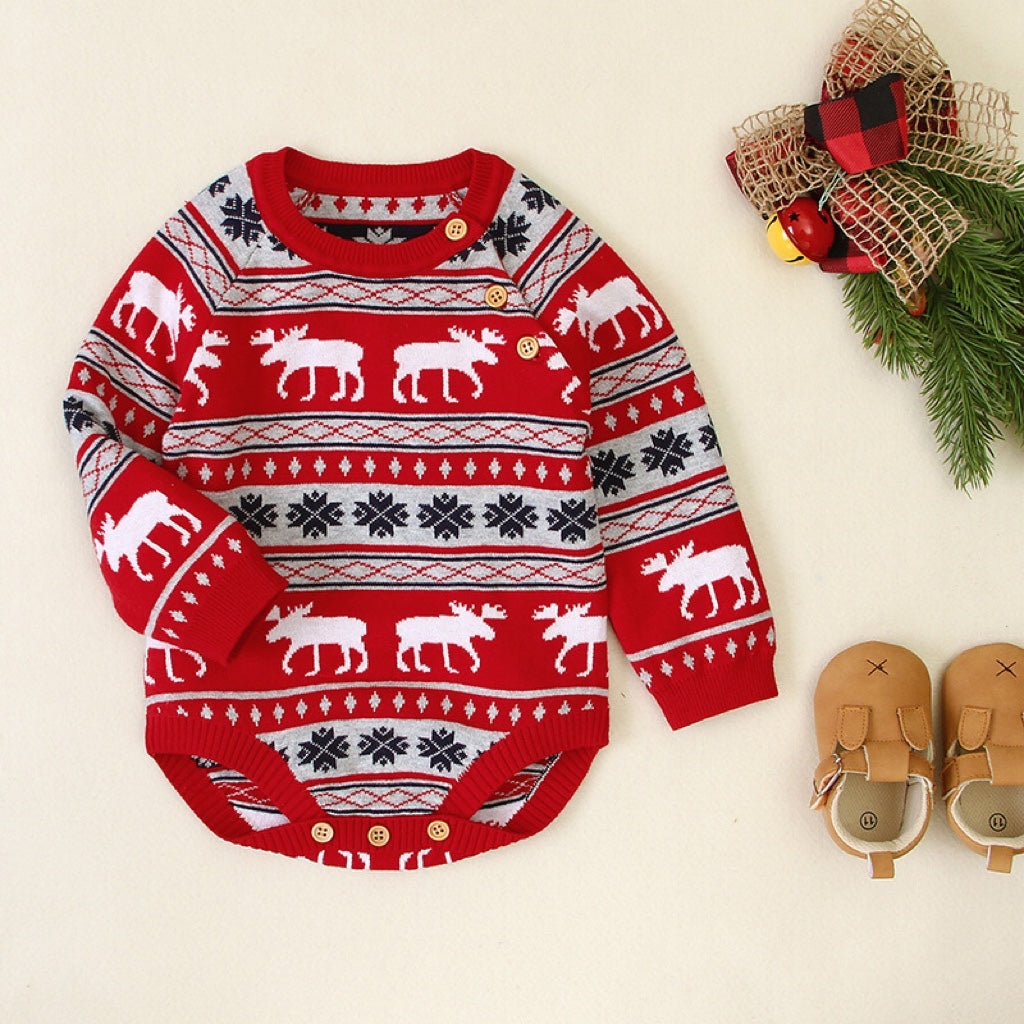 Baby Christmas Deer Pattern Long-Sleeve Onesie with Shoulder Buttons