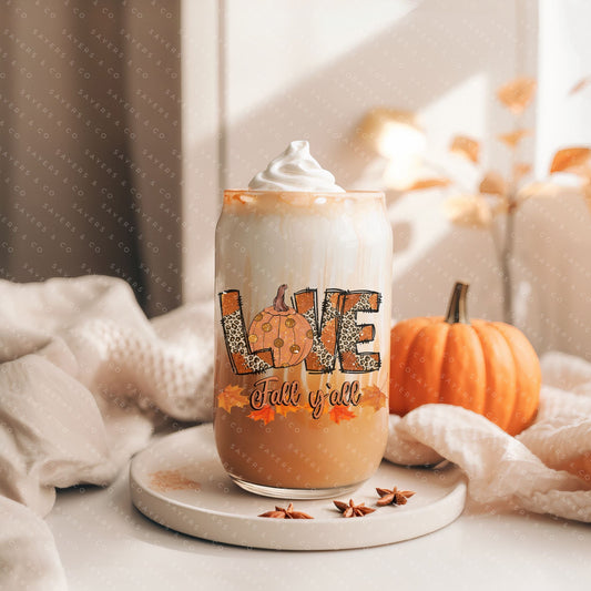 16oz "Love Fall Y’all" Glass Tumbler with Bamboo Lid and Straw