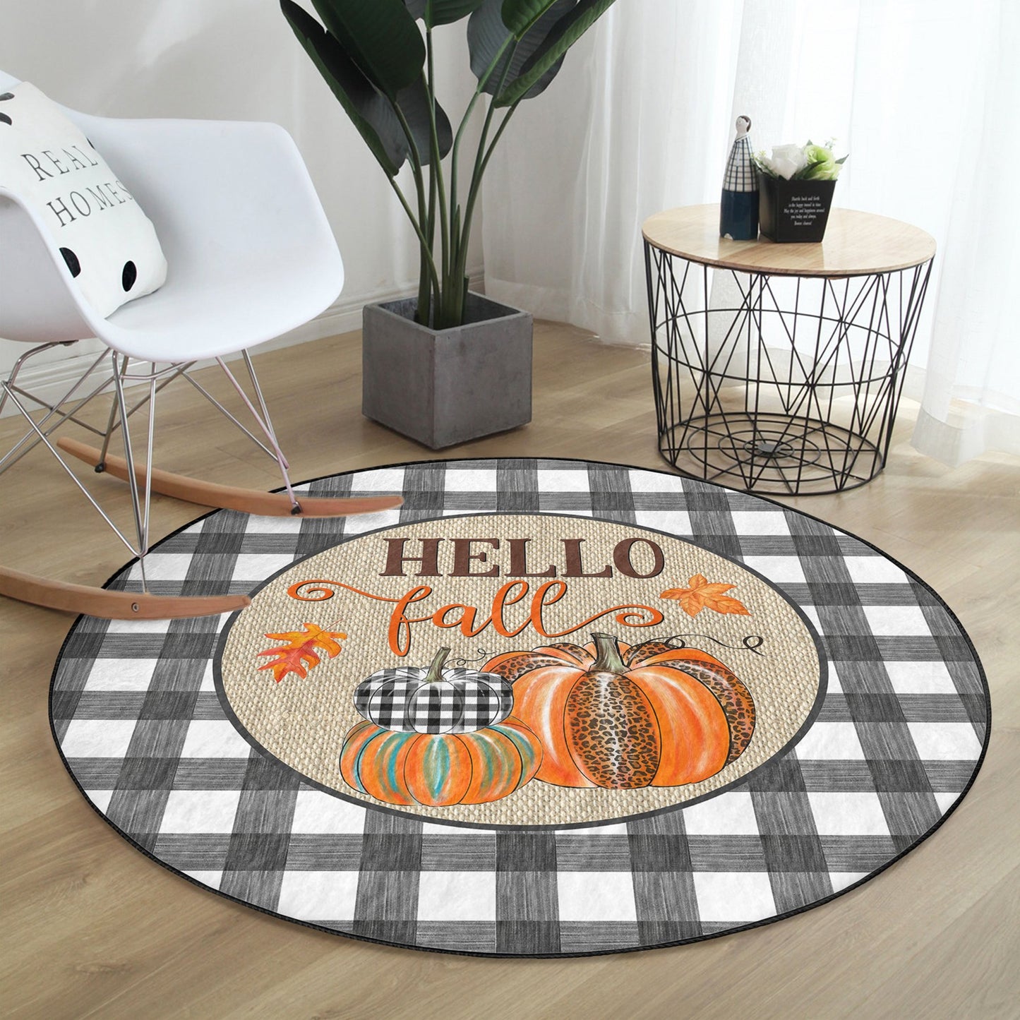 Hello Fall Pattern Washable Round Rug | Homeezone