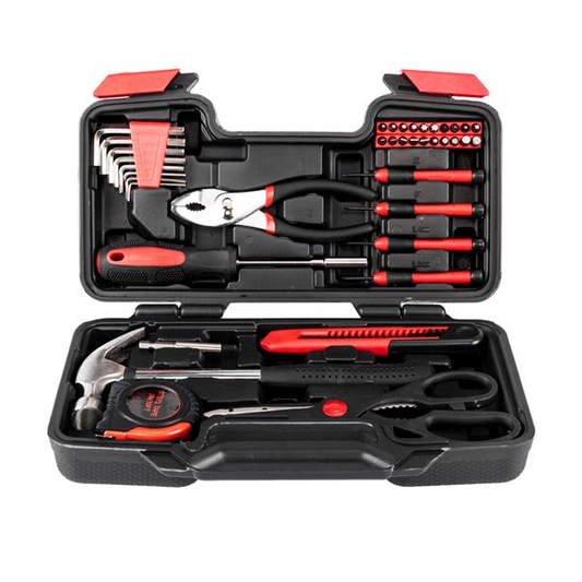 39-Piece Hand Tool Set: Home Repair Kit with Measuring Tape, Pliers, and More