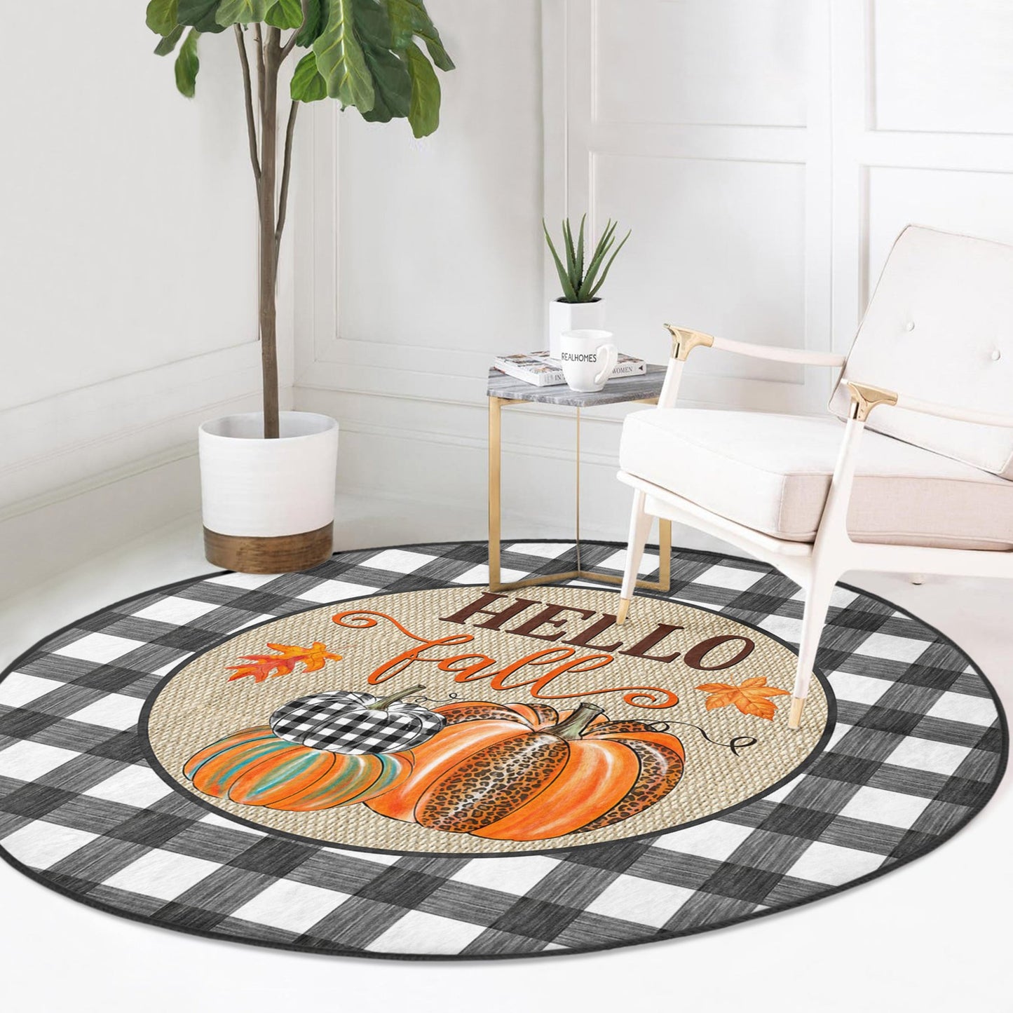 Hello Fall Pattern Washable Round Rug | Homeezone