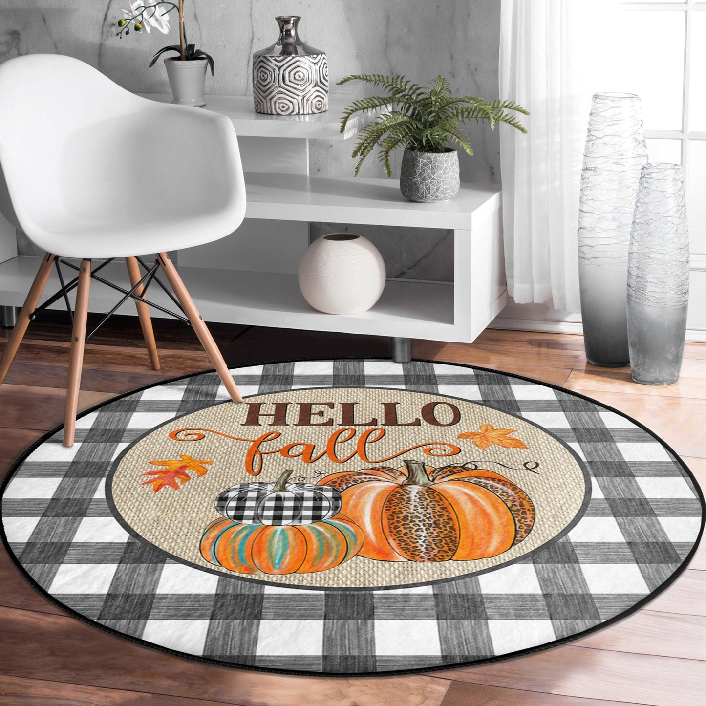 Hello Fall Pattern Washable Round Rug | Homeezone