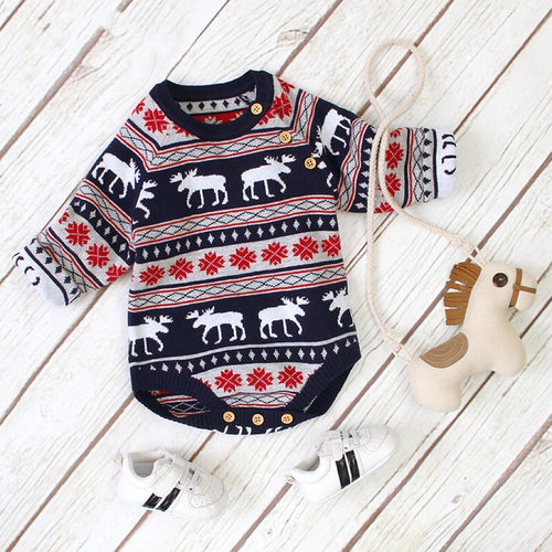 Baby Christmas Deer Pattern Long-Sleeve Onesie with Shoulder Buttons
